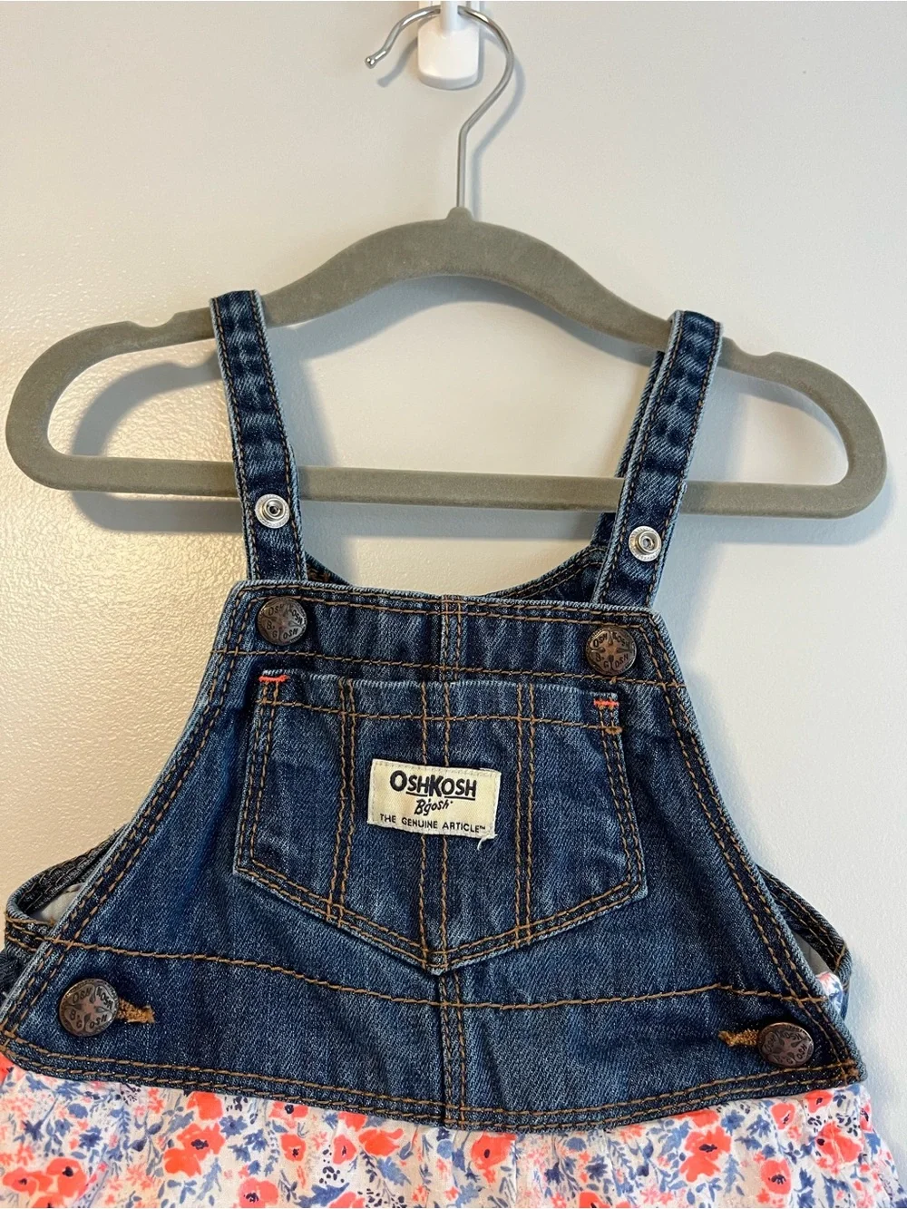 OshKosh B'gosh Dark Blue Denim Bib Dress with Pink & Blue Floral Skirt
